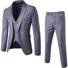 (Grey, M) Men's 3 Piece Slim Fit Suit Set One Button Solid Jacket Vest Pants Business Set-yky