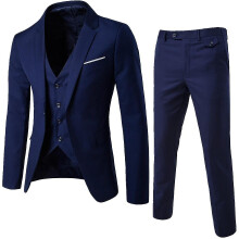 (Navy blue, XXL) Men's 3 Piece Slim Fit Suit Set One Button Solid Jacket Vest Pants Business Set-yky