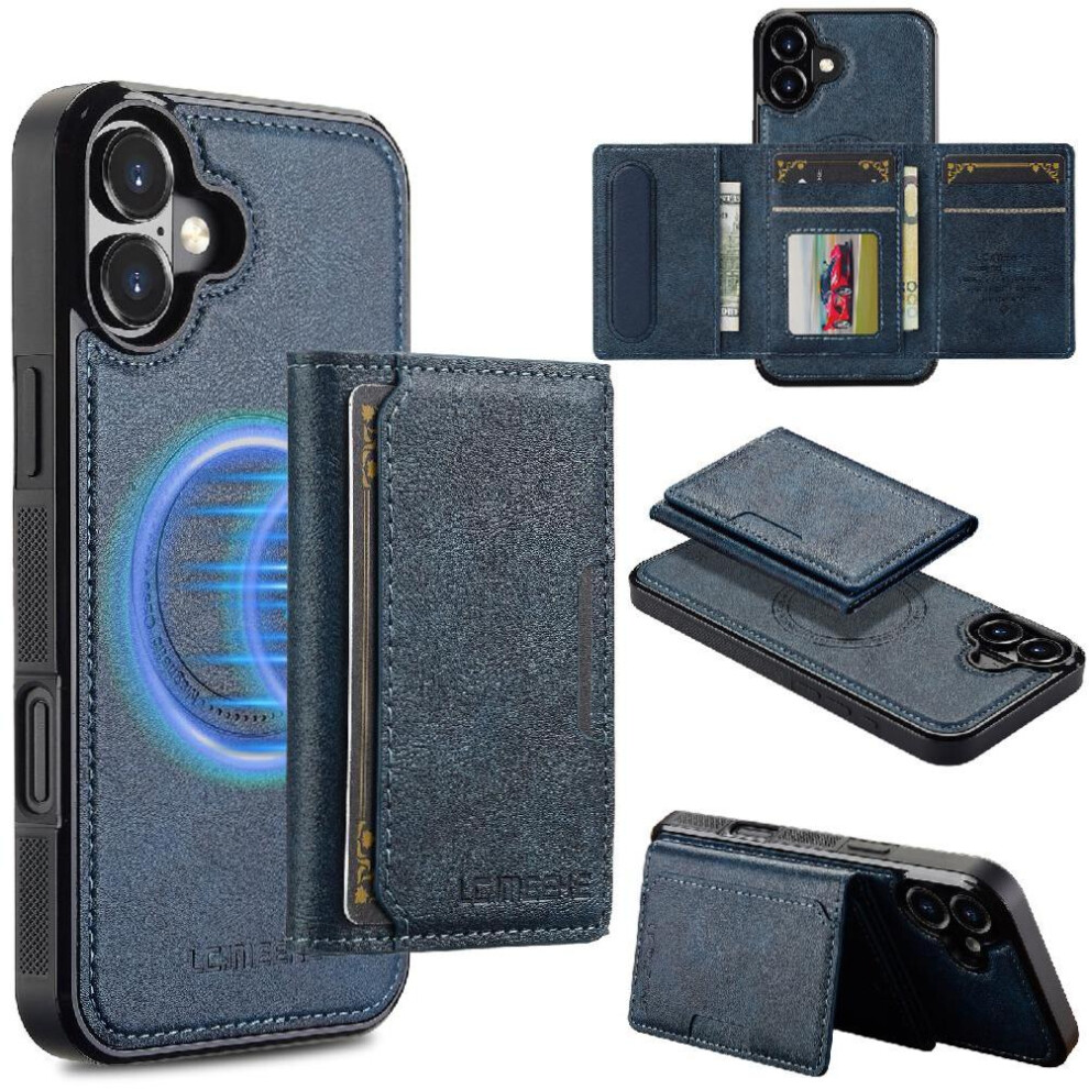(Blue) Wallet Case For Iphone 16 Magnetic Card Slots 2 In 1 Detachable Pu Leather Rfid Shielding Blue 764549246779