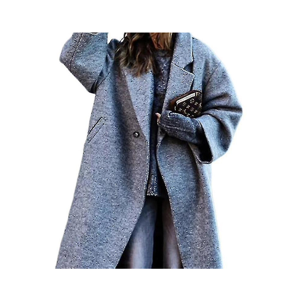 (grey, m) Women's Long Sleeve Lapel Fashion Coat Plaid Wool Long Coat