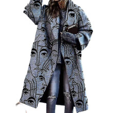 (big face, xl) Women's Long Sleeve Lapel Fashion Coat Plaid Wool Long Coat