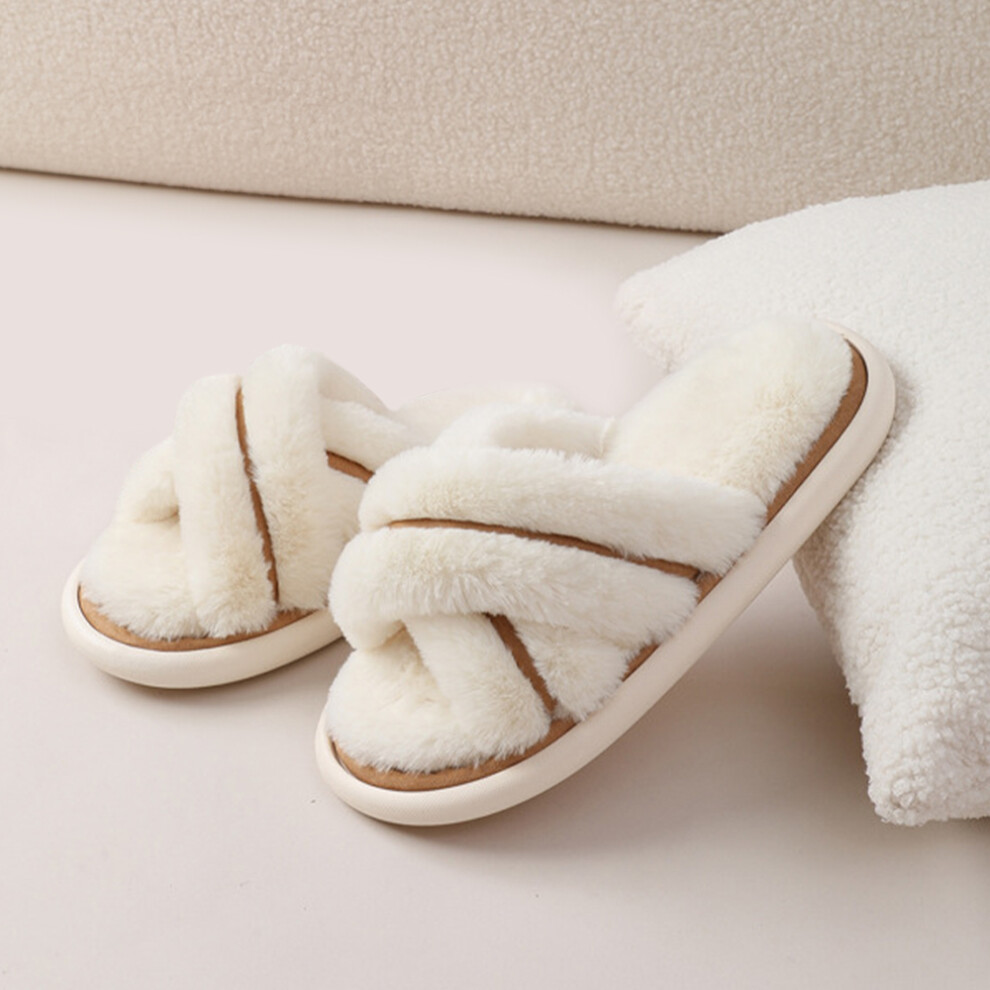 (Tea White, 38-39 Yards) EVA Cross-Band Open Toe Fuzzy Slippers