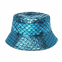 (M(56-58cm), Sky blue) Summer Trend Rainbow Colorful Gold and Silver Fish Scales Pot Fisherman Cap for Female Mermaid Panama Bucket Hat Hip Hop F190