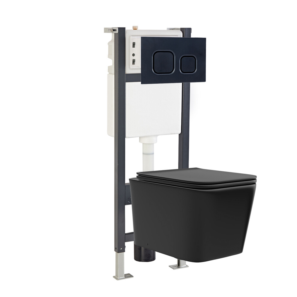 Nes Home Matte Black Square Toilet, Cistern Frame & Square Button Flush Plate