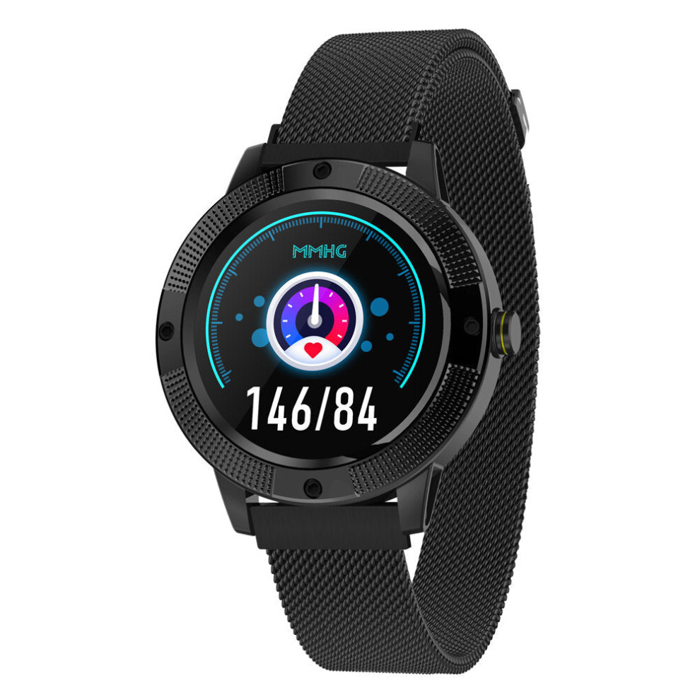 (Black-Stainless Steel) 1.3inch Full-touch Screen Heart Rate Blood Pressure O2 Monitor Weather Push Music Camera Control Brightness Control Smart Watch