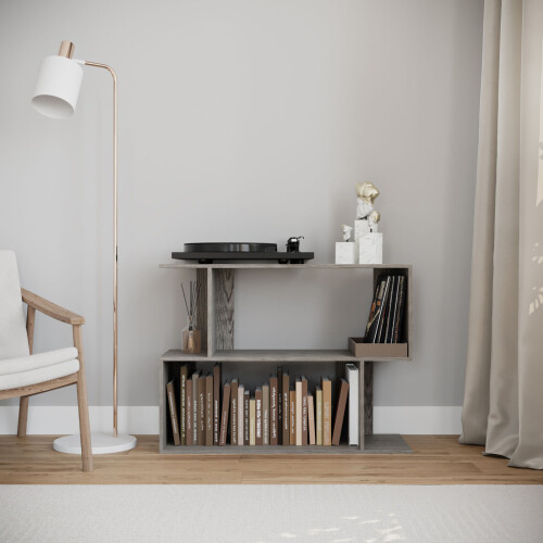 URBN Living (Cedar Grey, 80cm) 2 Tier Modern Bookcase Irregular Storage Shelf Wooden Shelving Unit Display Organiser 2