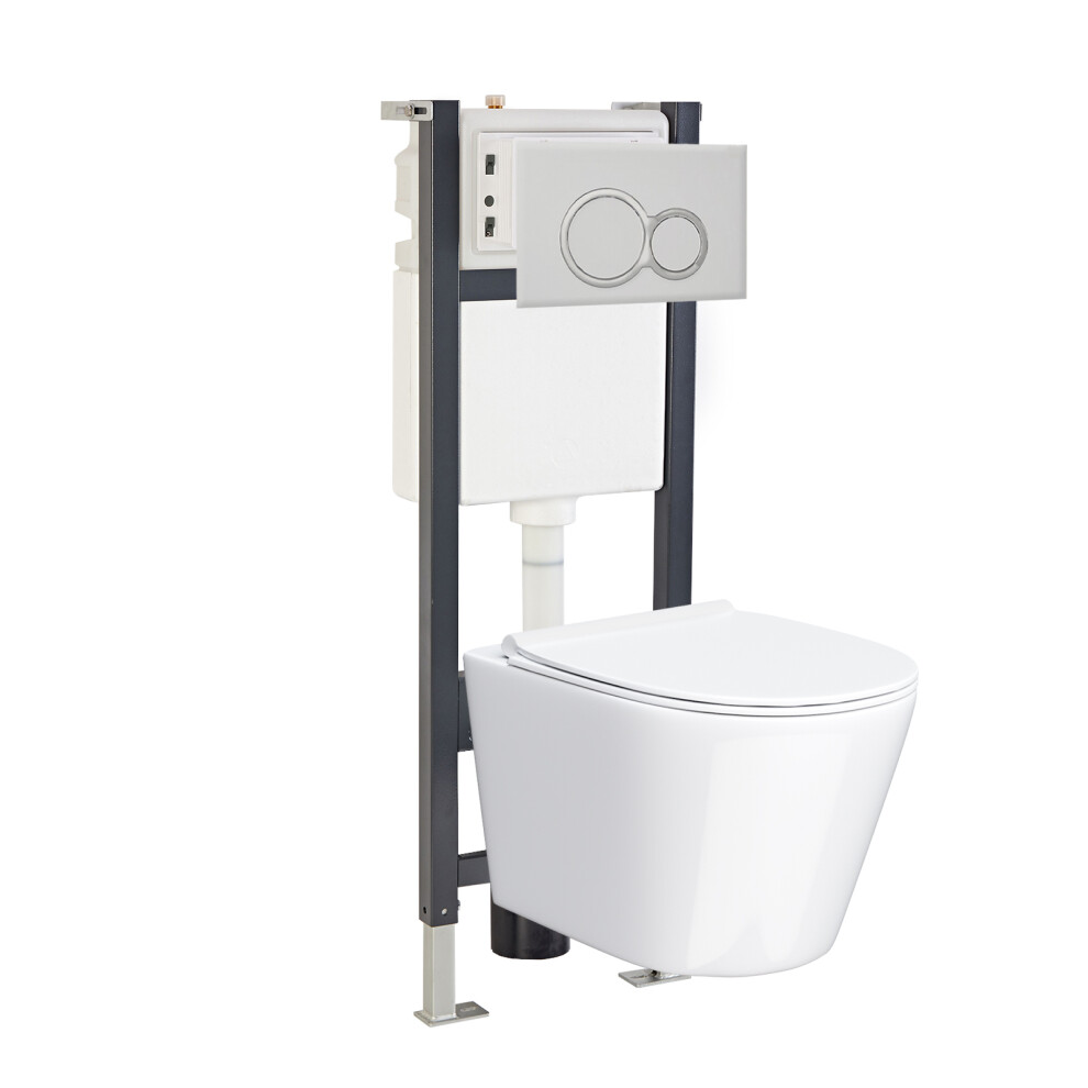 Nes Home White Slim Seat WH Toilet Concealed Frame & Round Button Flush Plate