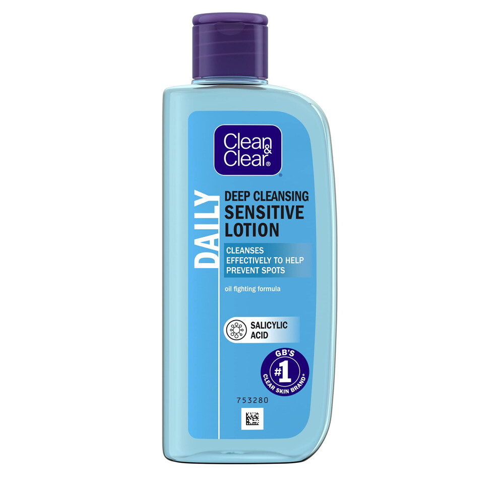 Clean & Clear Deep Cleansing Lotion for Sensitive Skin (1x 200ml), Daily Clean and Clear Facial Cleanser with Salicylic Acid to Deeply