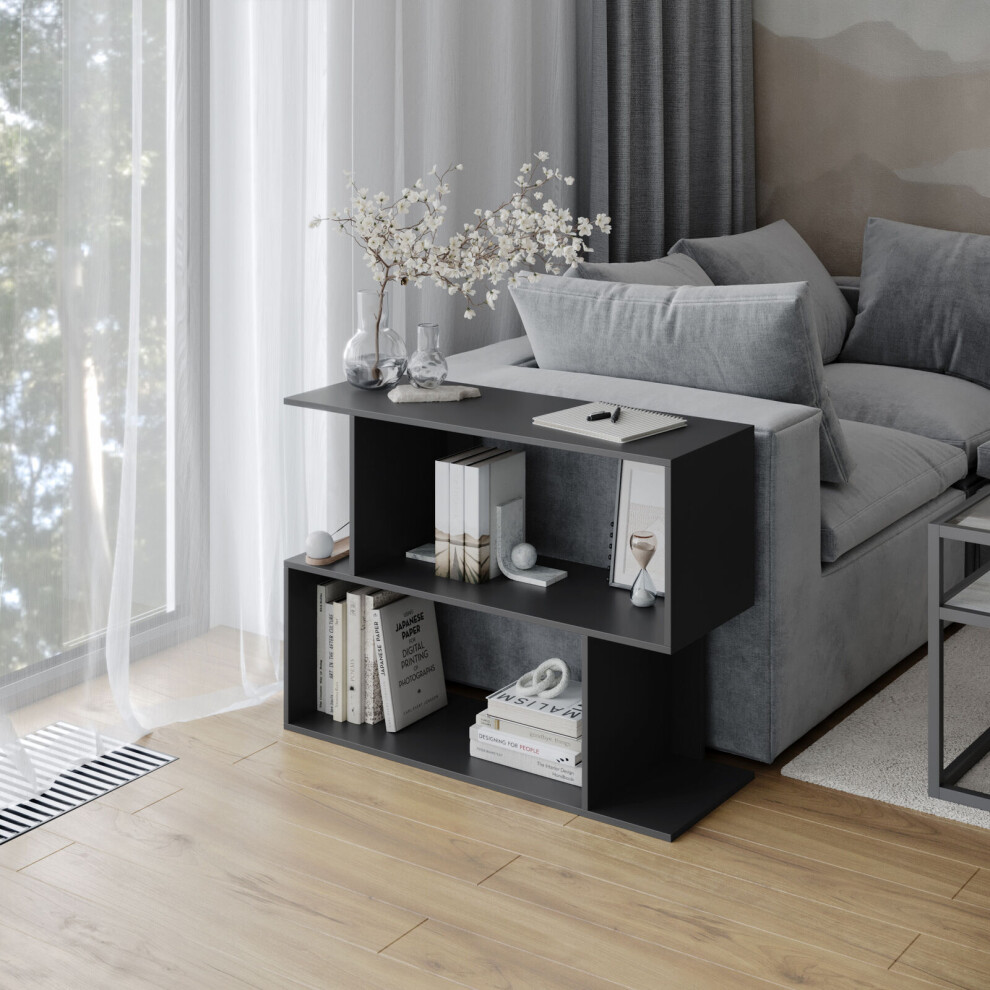 Urbn Living (, 80Cm) 2 Tier Modern Bookcase Irregular Storage Shelf Wooden Shelving Unit Display Organiser Black