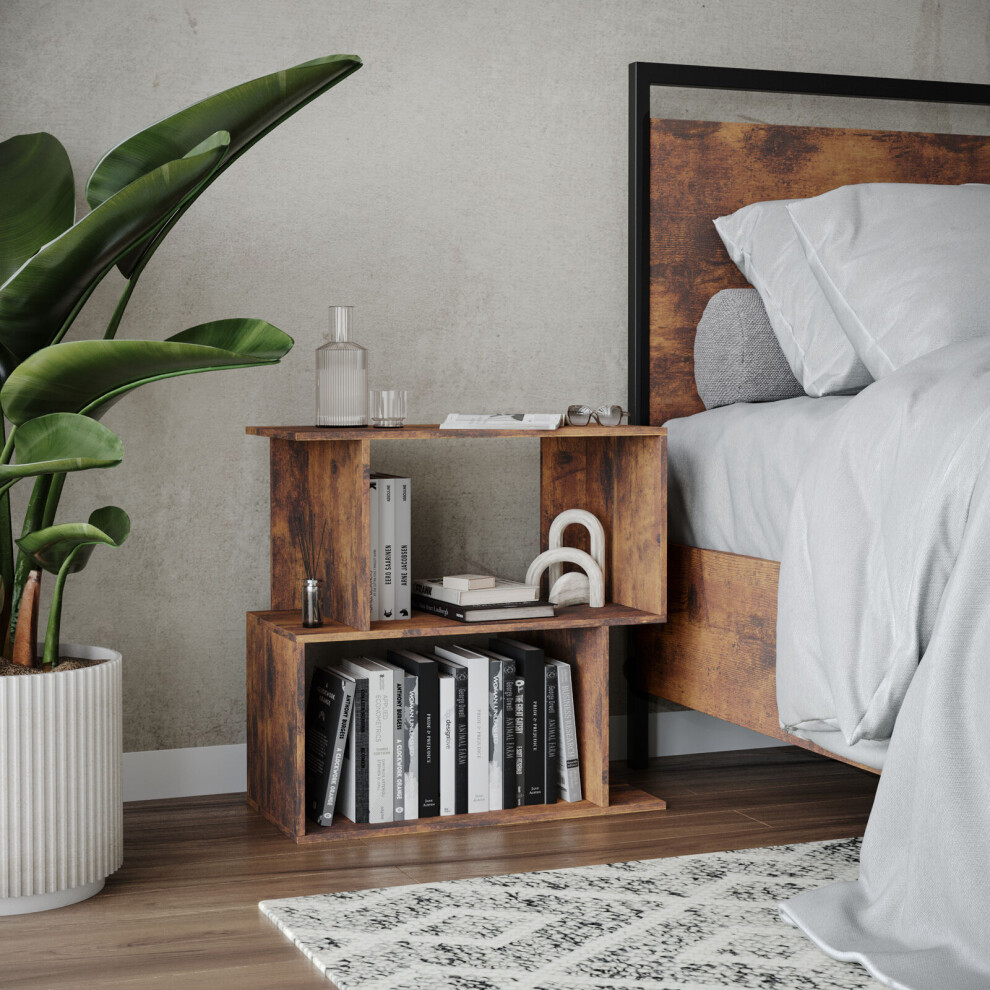 Urbn Living (Rustic 60Cm) 2 Tier Modern Bookcase Irregular Storage Shelf Wooden Shelving Unit Display Organiser Brown