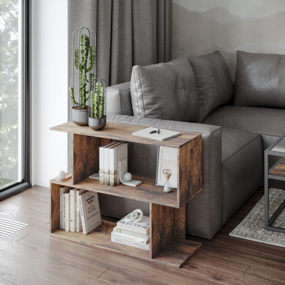 Urbn Living (Rustic 80Cm) 2 Tier Modern Bookcase Irregular Storage Shelf Wooden Shelving Unit Display Organiser Brown