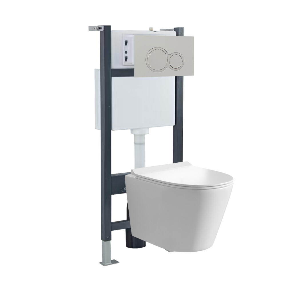 Nes Home White Round Wall Hung Toilet With Frame & Round Button Flush Plate