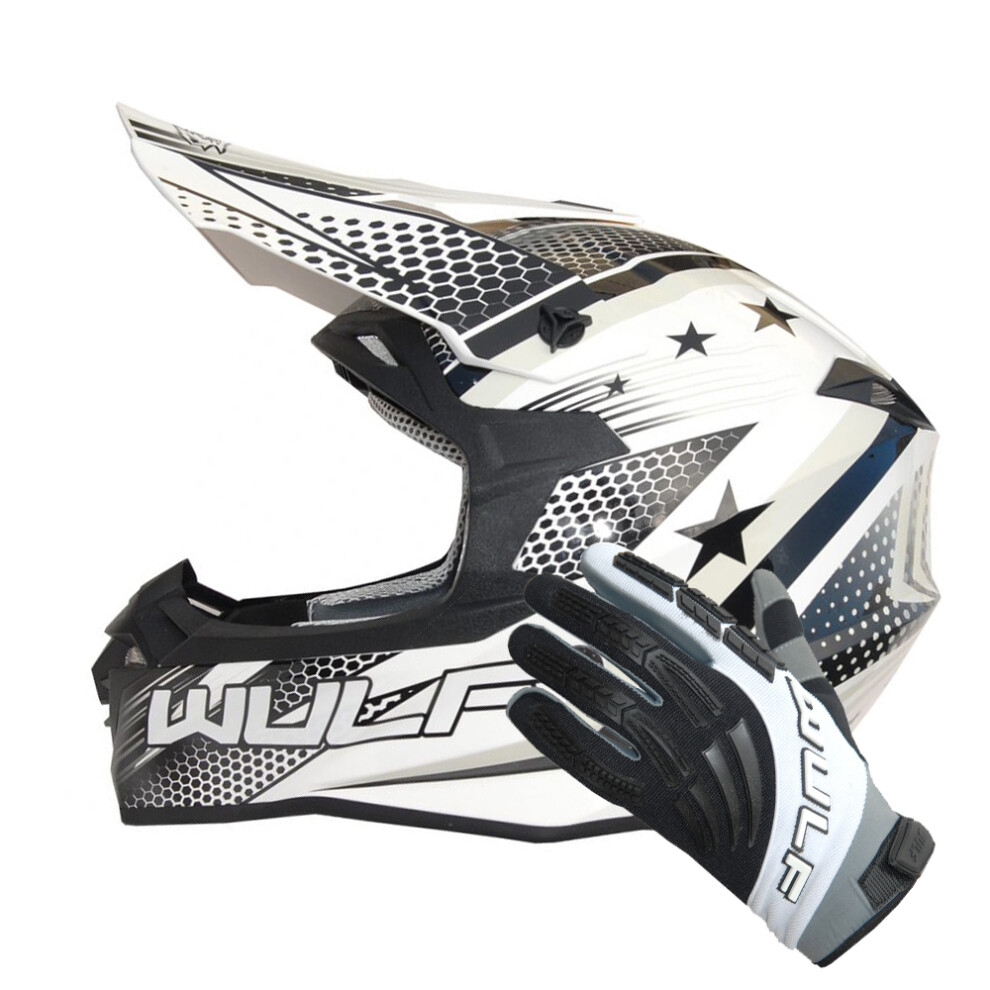 (White, S) Wulfsport Iconic Adult Helmet + Gloves Cub Off Road Helmet Motocross ATV Crash-image-OPC-PFX988T-NEW