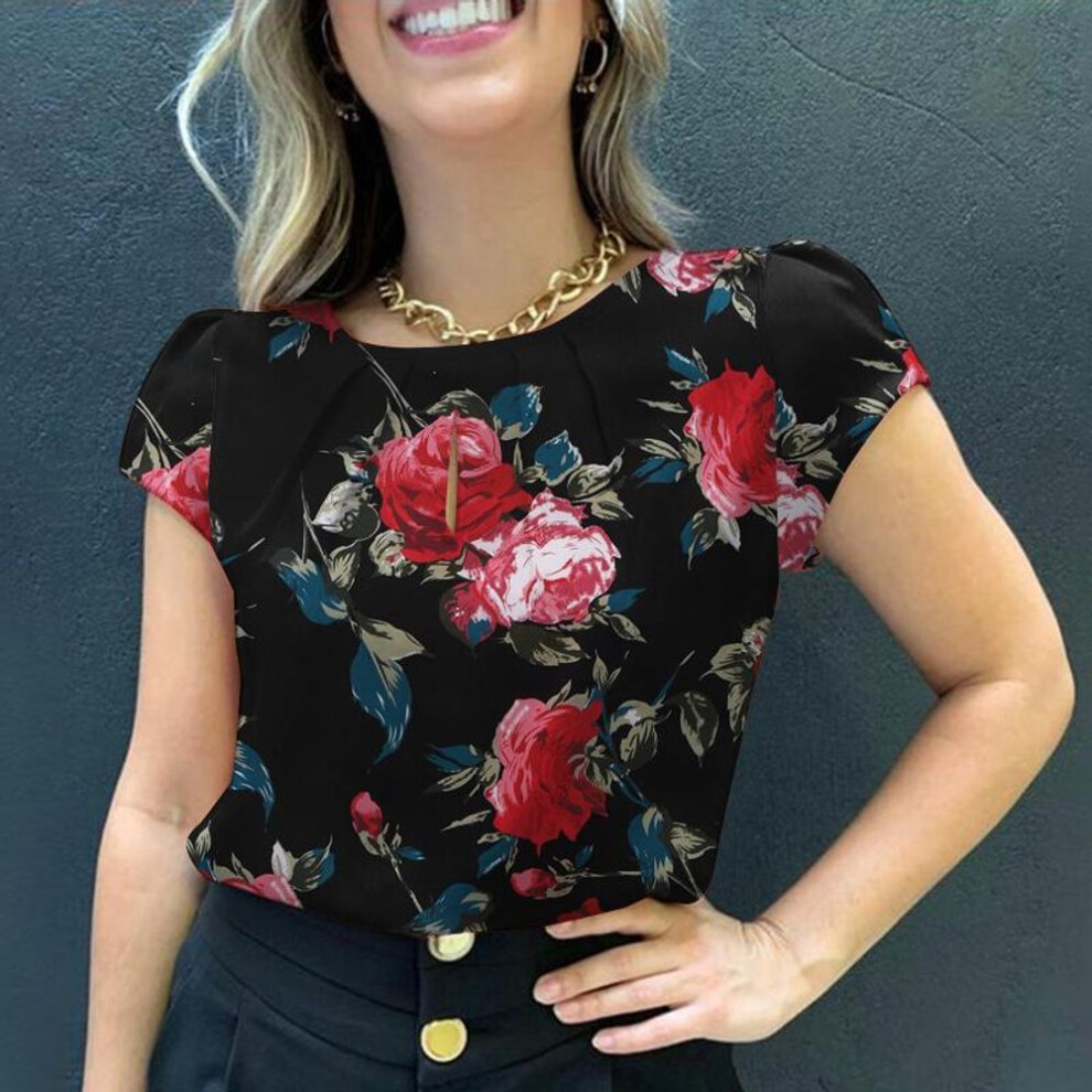 (S, black) ZANZEA Women Summer Floral Print O-neck Short Sleeve Blouse