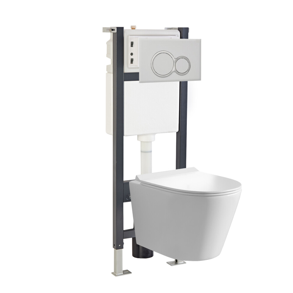 Nes Home Round White Wall Hung Toilet With Frame & Round Button Flush Plate 3245098568668