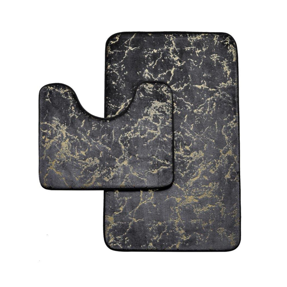 (Grey) Memory Foam Bath Mat Set Glitter Marble Effect