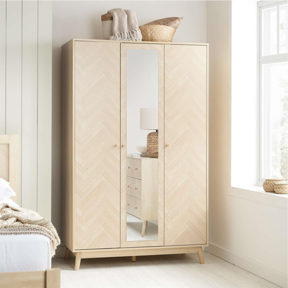 3 Door Oak Brown Wooden Wardrobe With Mirror Birlea Herringford
