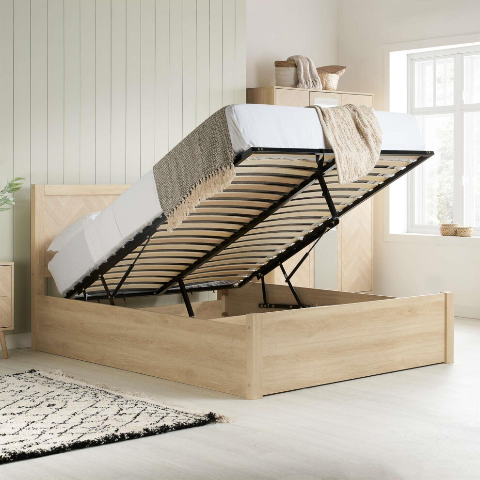 Double Ottoman Bed Frame Oak Brown Wooden Herringford 4ft 6 135cm