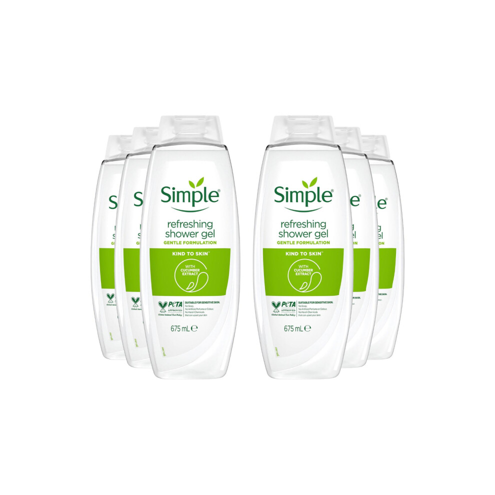 New Simple Kind To Skin Refreshing Shower Gel 675Ml (6 Pack) With Cucumber & Pro-Vitamin B5 - Dermatologically Tested, Fragrance-Free - 69671702