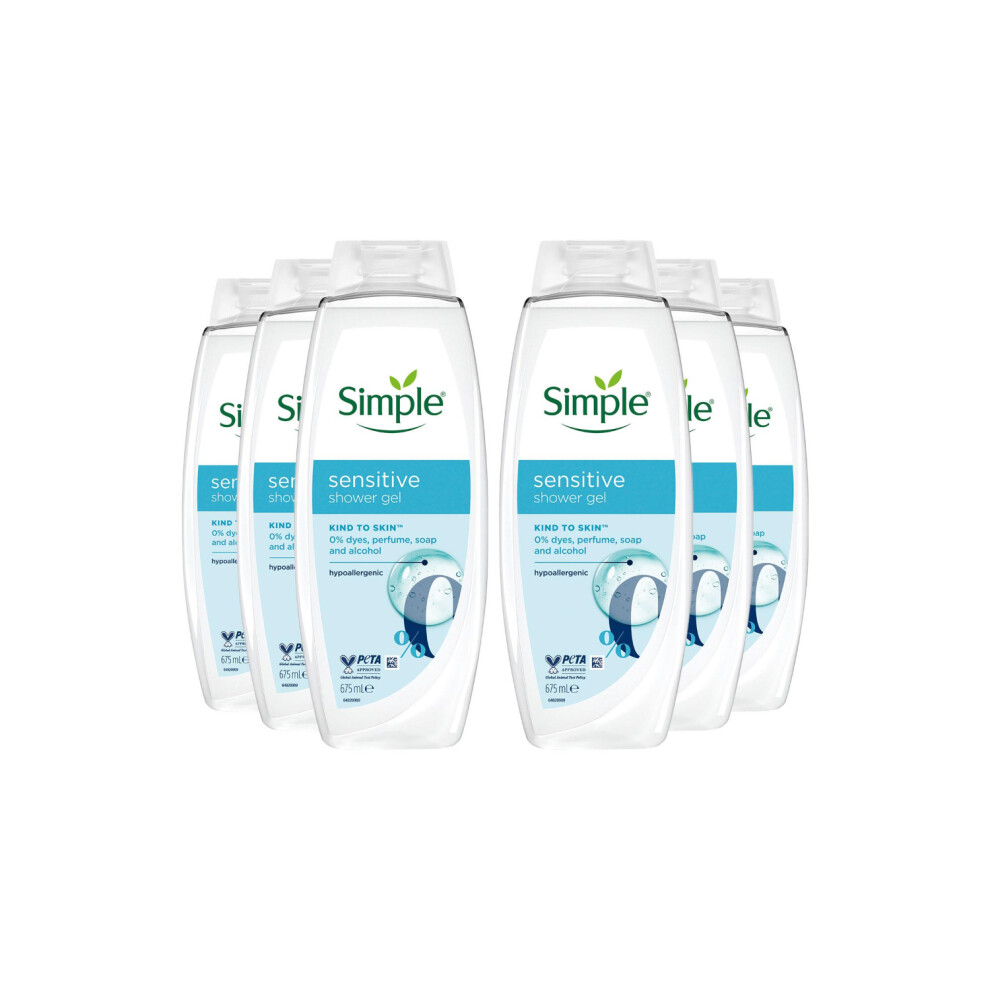 Simple Kind To Skin Sensitive Shower Gel Body Wash W/ Hypoallergenic 675Ml, 6Pk
