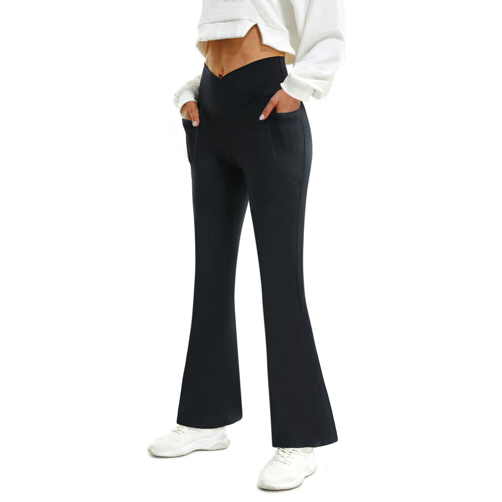 (Black, XL=UK 14) Women High Waist Foldover Yoga Pants Bootcut Flare Wide Leg Leggings Fitness Gym