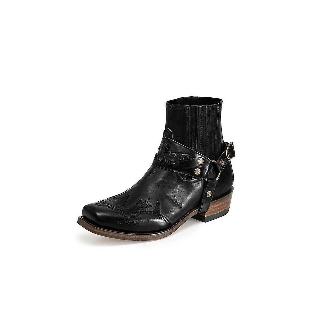 (Black, 41) Western Boots For Men Vintage Embroidered Boots Square-toe Embroidered Short Boots
