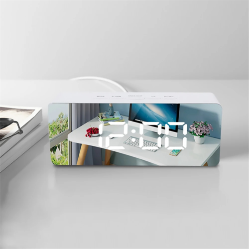 LED Mirror Digital Clock Bedroom Travel Electronic Table Clock, White 1