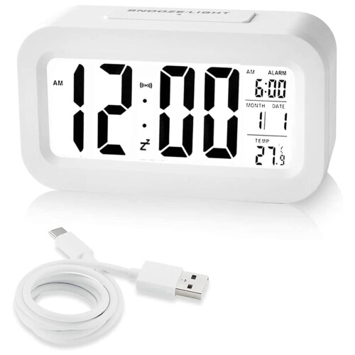 Rechargeable Alarm Clocks,Digital Clocks,12/24Hours Date White