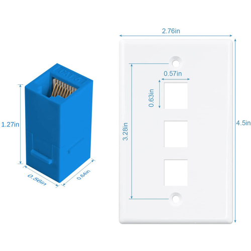 3Pack 3-Port Ethernet Wall Plate, RJ45 Plate with Inline Coupler Insert,Cat6 Jack 1