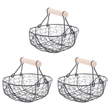 3X Holzgriff Metall Retro Korb Tragbare Multifunktions Gemüse Obst Ei Lebensmittel Praktische Lagerung Schwarz