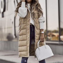 (Beige, L) Women's Solid Color Hooded Single-breasted Mid-length Padded Vest Sleeveless Pocket Jacket