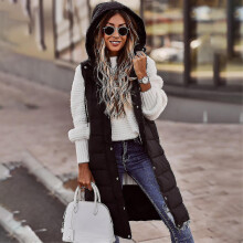 (Black, XXL) Women's Solid Color Hooded Single-breasted Mid-length Padded Vest Sleeveless Pocket Jacket