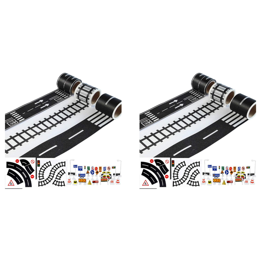 Lot de 2 bandes de jeu pour petites voitures et trains, 3 rouleaux de 4,8 cm x 5 m, panneaux de signalisation en courbe droite - Cadeaux pour enfants