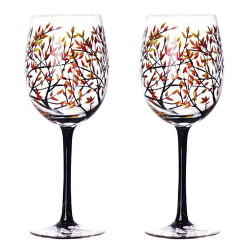 2Pcs Autumn Tree Wine Glass - Fall Colors Hand Painted Leaf