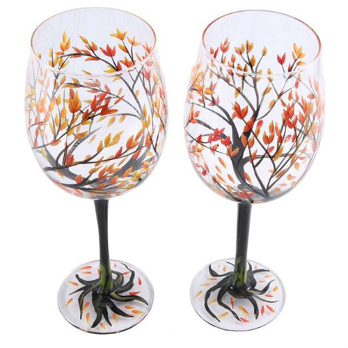 2Pcs Autumn Tree Wine Glass - Fall Colors Hand Painted Leaf 1