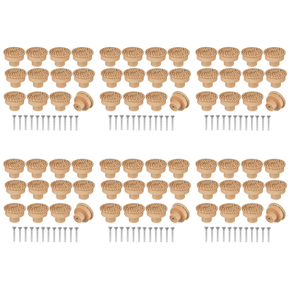 Lot de 72 boutons de commode en rotin style bohème, ronds, en bois, tissés à la main, vis pour meubles