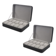 2 x Pudełko na zegarek, PU, Skórzane etui z zamkiem błyskawicznym, Klasyczny styl, 10 kratek, Wielofunkcyjne etui na bransoletki
