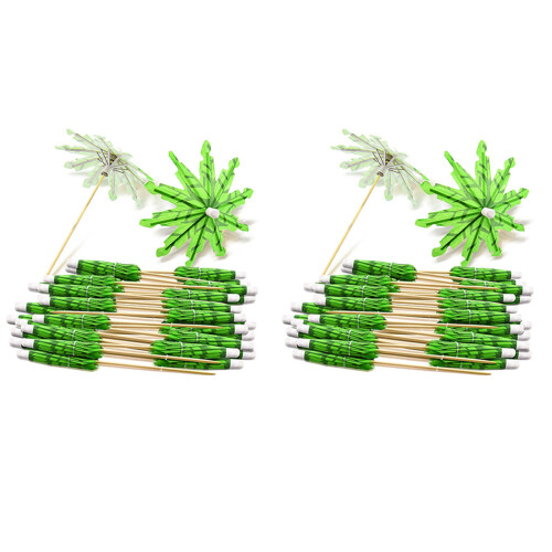 80X Green Coconut Tree Toothpicks Paper Umbrellas Handmade Cocktail Parasol Sticks for Decorations