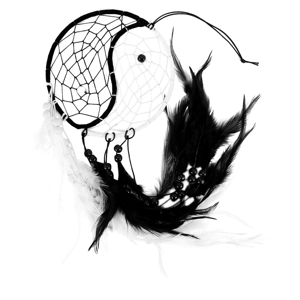 Attrape-RêVes Yin Zirkulieren Mit Perlen Und Federn, Schwarz Und Weiß-image
