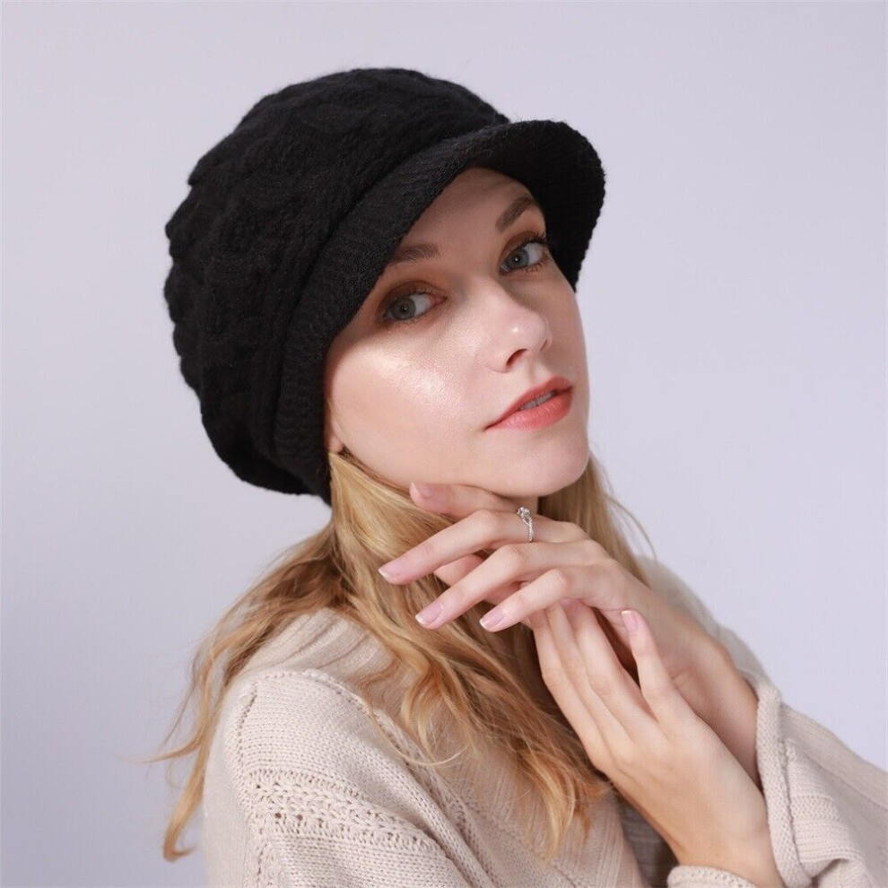 Bonnet D'hiver Chaud Tricoté Par CÃble Pour Femme Casquette Ã VisiÃre En / / /-Noir