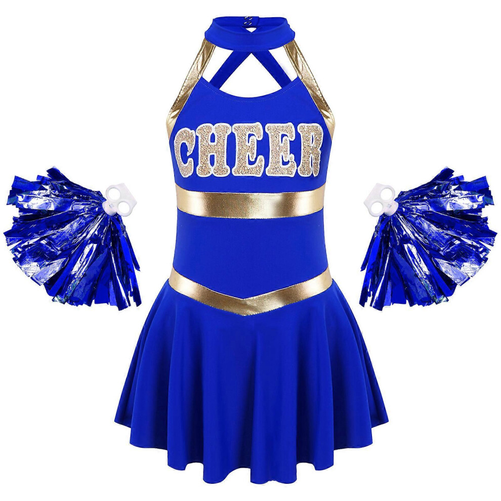 (Royal Blue, 10) Kids Girls Sleeveless Letters Printed Dance Dress with Tassel Flower Balls Sets for Cheerleading Costume Cheerleader Uniforms-image-OPC-PFXCS5D-NEW