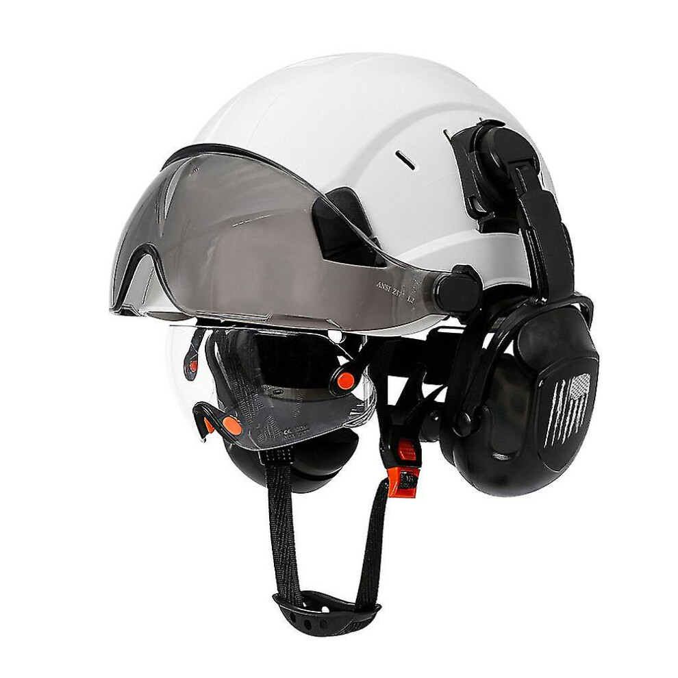 ( With Earmuffs) Ce Construction Safety Helmet With Visor Built In Goggle Earmuffs For Engineer Hard Hat Ansi Industrial Work Cap Head Protection White