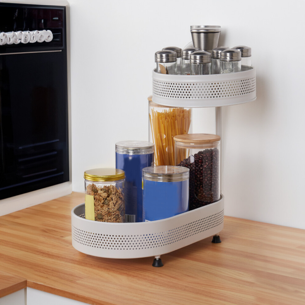 (White, 2-Tier) Kitchen Rotating Spice Rack Desktop Storage Shelf