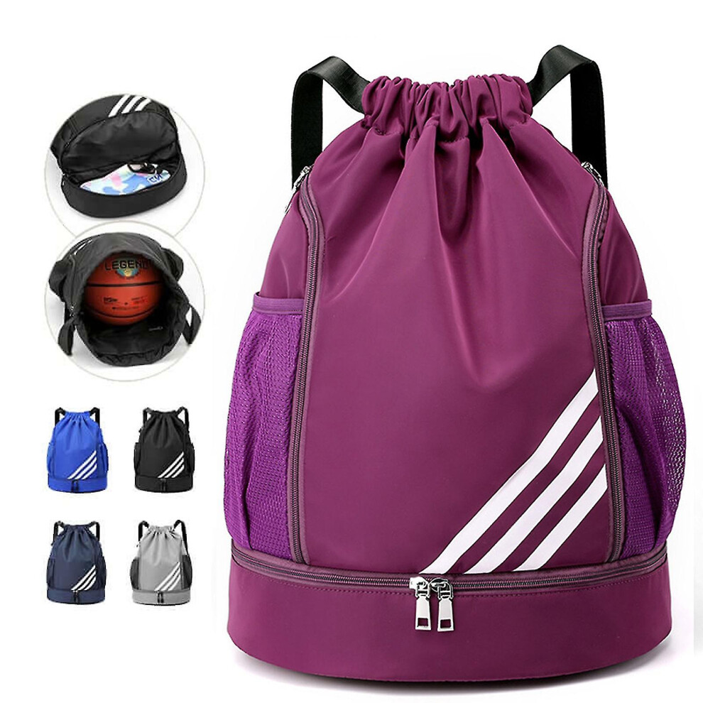 (Purple) Waterproof Drawstring Backpack Sports Gym Bag With Shoes Compartment, Waterproof Draw String Back Bag For Men Women Purple