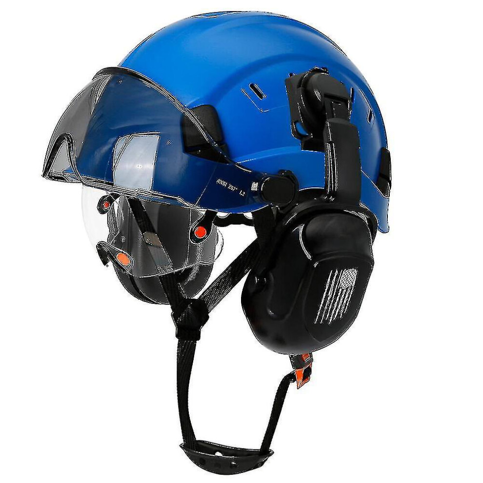 ( With Earmuffs) Ce Construction Safety Helmet With Visor Built In Goggle Earmuffs For Engineer Hard Hat Ansi Industrial Work Cap Head Protection Blue