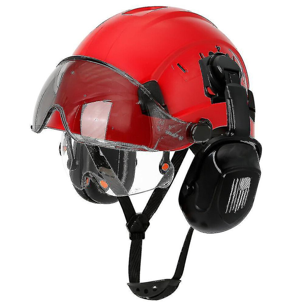 (Red with earmuffs) Ce Construction Safety Helmet With Visor Built In Goggle Earmuffs For Engineer Hard Hat Ansi Industrial Work Cap Head Protection
