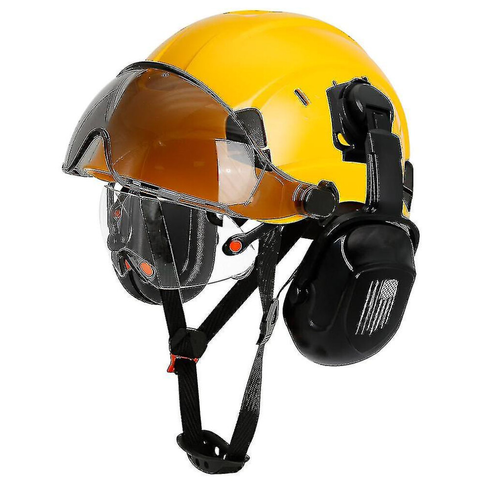 ( With Earmuffs) Ce Construction Safety Helmet With Visor Built In Goggle Earmuffs For Engineer Hard Hat Ansi Industrial Work Cap Head Protectio Yellow