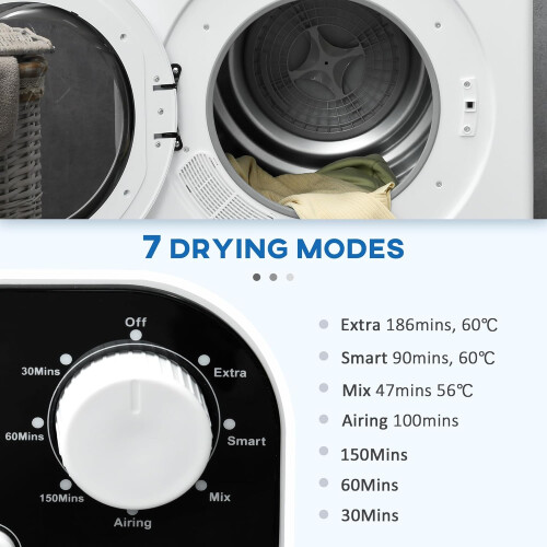 HOMCOM 6kg Vented Tumble Dryer, Freestanding, Wall Mounted, Stackable, Portable Dryer with 7 Programmers 2