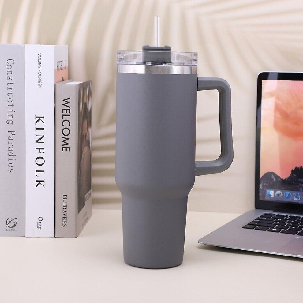 (Gray) 40 Oz Tumbler Straw Lid Insulated Stainless Steel Water Bottle Coffee Mug Travel