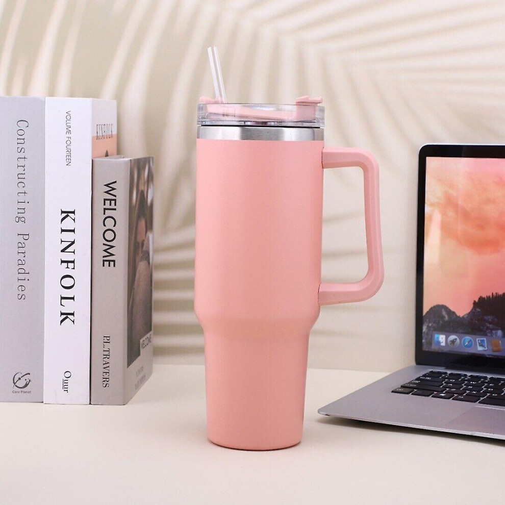 (Pink) 40 Oz Tumbler Straw Lid Insulated Stainless Steel Water Bottle Coffee Mug Travel